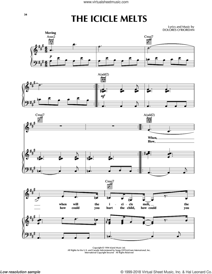 The Icicle Melts sheet music for voice, piano or guitar by The Cranberries, intermediate skill level