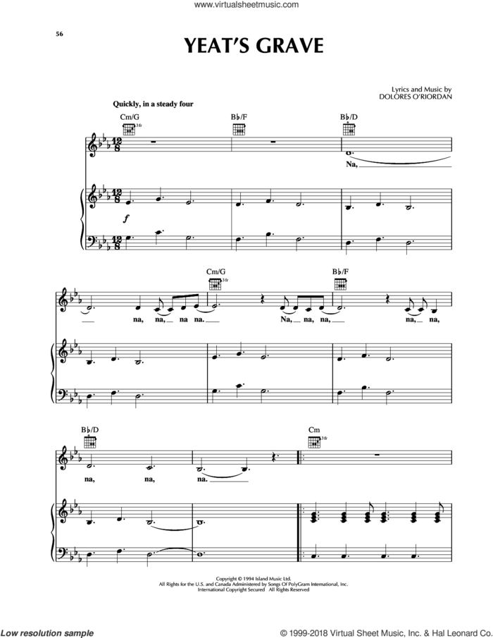 Yeat's Grave sheet music for voice, piano or guitar by The Cranberries, intermediate skill level