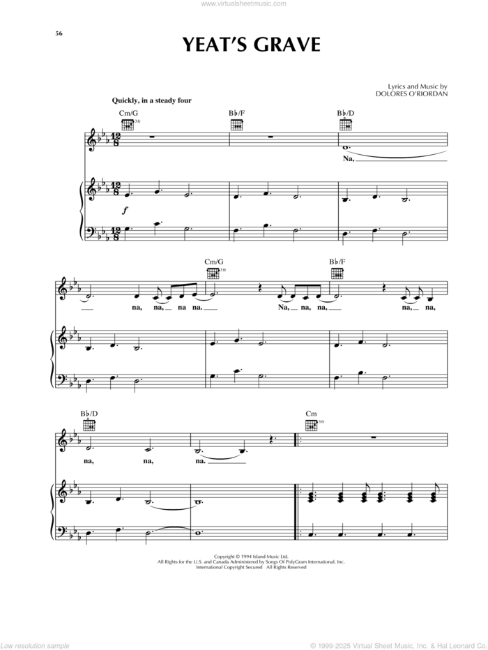 Yeat's Grave sheet music for voice, piano or guitar by The Cranberries, intermediate skill level