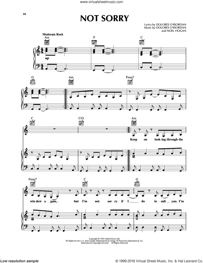 Not Sorry sheet music for voice, piano or guitar by The Cranberries and Noel Hogan, intermediate skill level