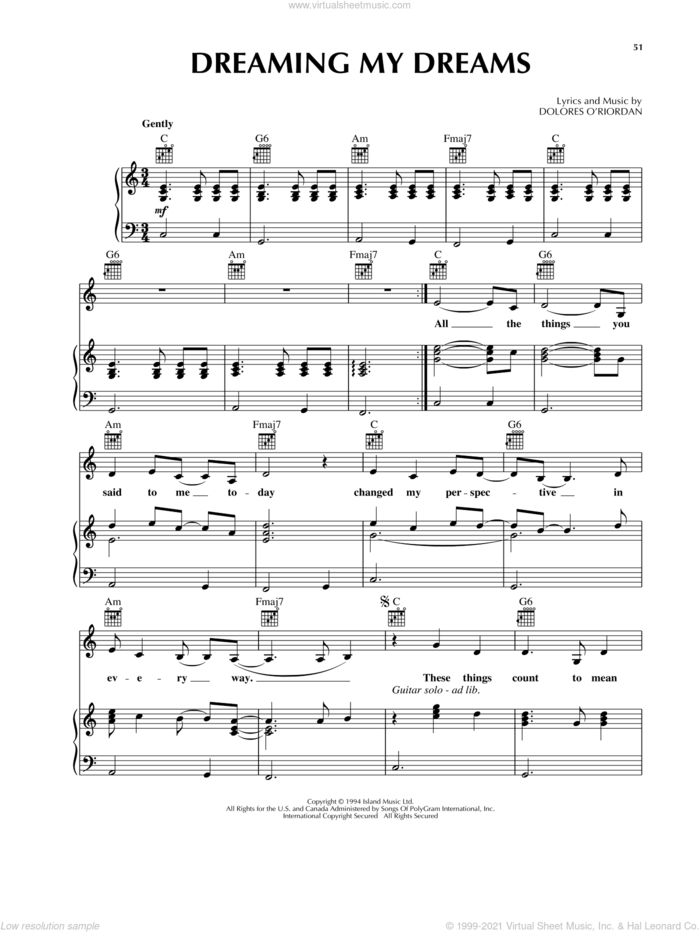 Dreaming My Dreams sheet music for voice, piano or guitar by The Cranberries, intermediate skill level