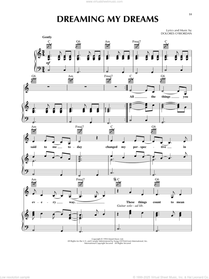 Dreaming My Dreams sheet music for voice, piano or guitar by The Cranberries, intermediate skill level