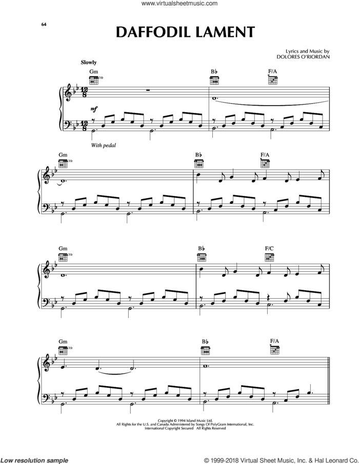 Daffodil Lament sheet music for voice, piano or guitar by The Cranberries, intermediate skill level