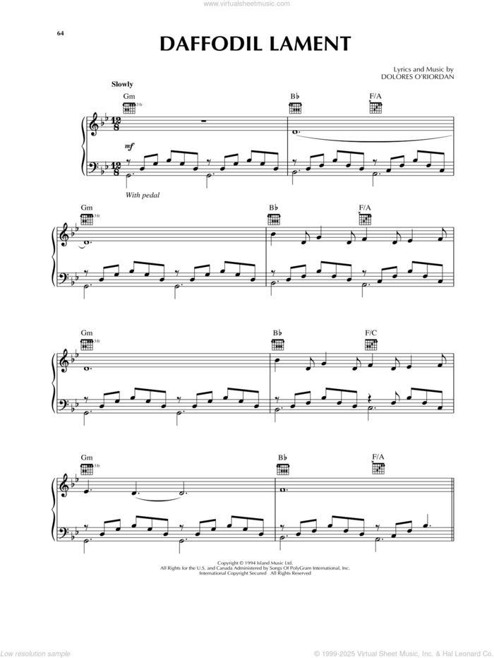 Daffodil Lament sheet music for voice, piano or guitar by The Cranberries, intermediate skill level