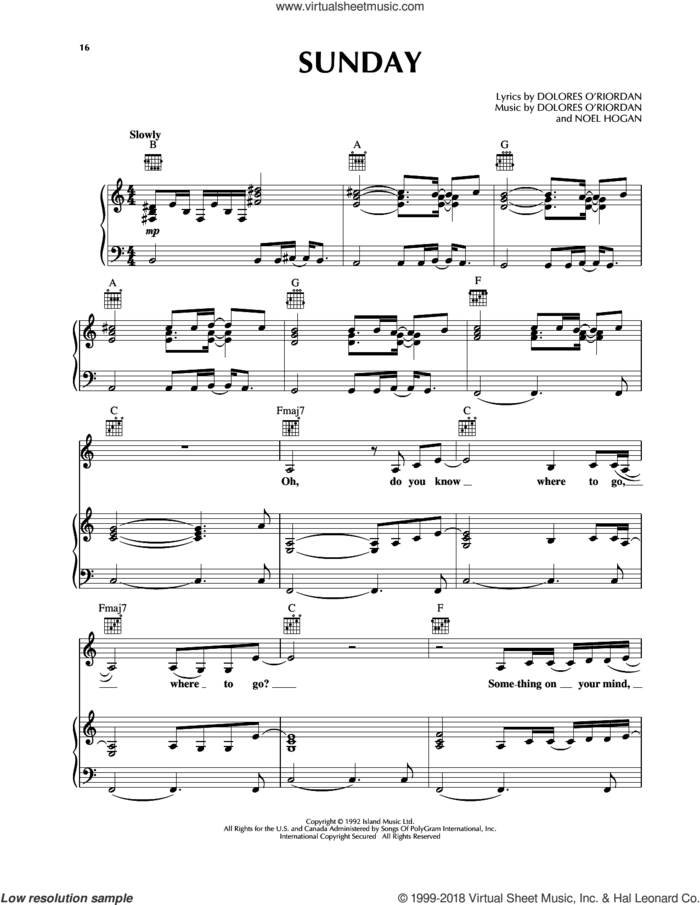 Sunday sheet music for voice, piano or guitar by The Cranberries and Noel Hogan, intermediate skill level