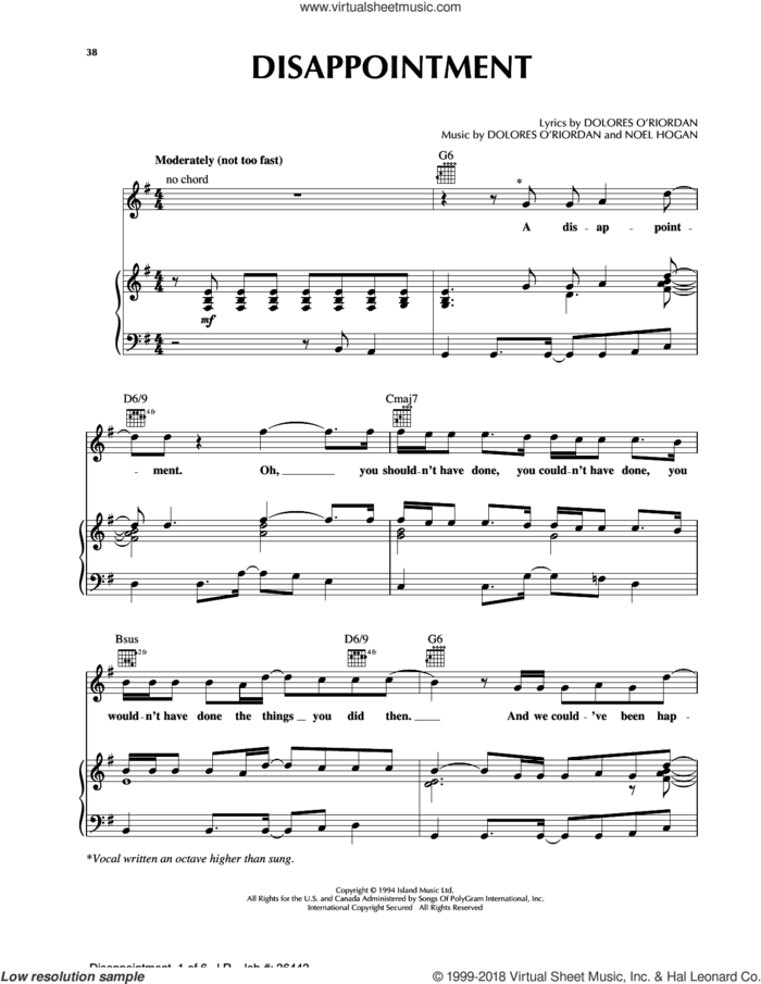 Disappointment sheet music for voice, piano or guitar by The Cranberries and Noel Hogan, intermediate skill level