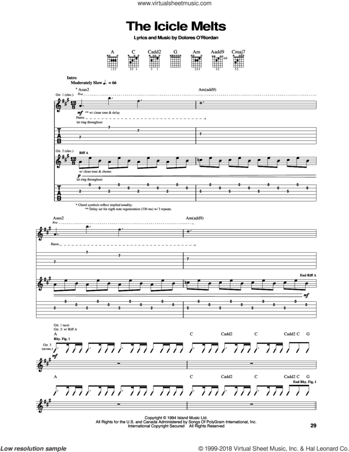 The Icicle Melts sheet music for guitar (tablature) by The Cranberries, intermediate skill level