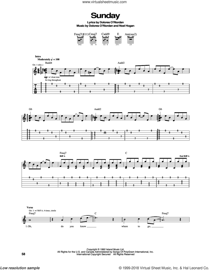Sunday sheet music for guitar (tablature) by The Cranberries and Noel Hogan, intermediate skill level