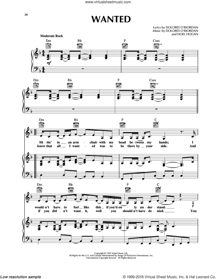 Wanted sheet music for voice, piano or guitar by The Cranberries and Noel Hogan, intermediate skill level