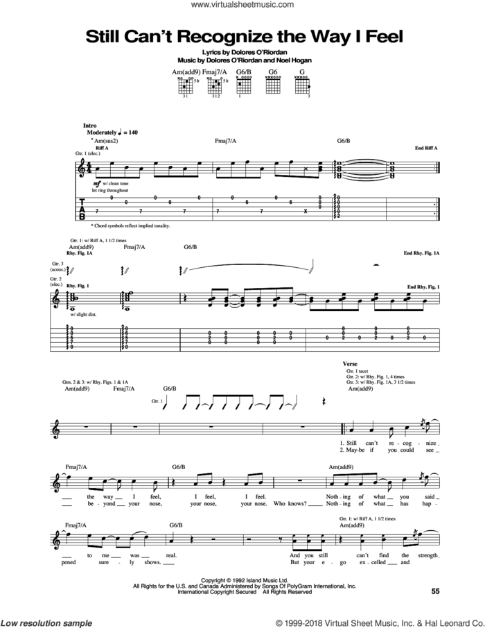 Still Can't Recognise The Way I Feel sheet music for guitar (tablature) by The Cranberries and Noel Hogan, intermediate skill level