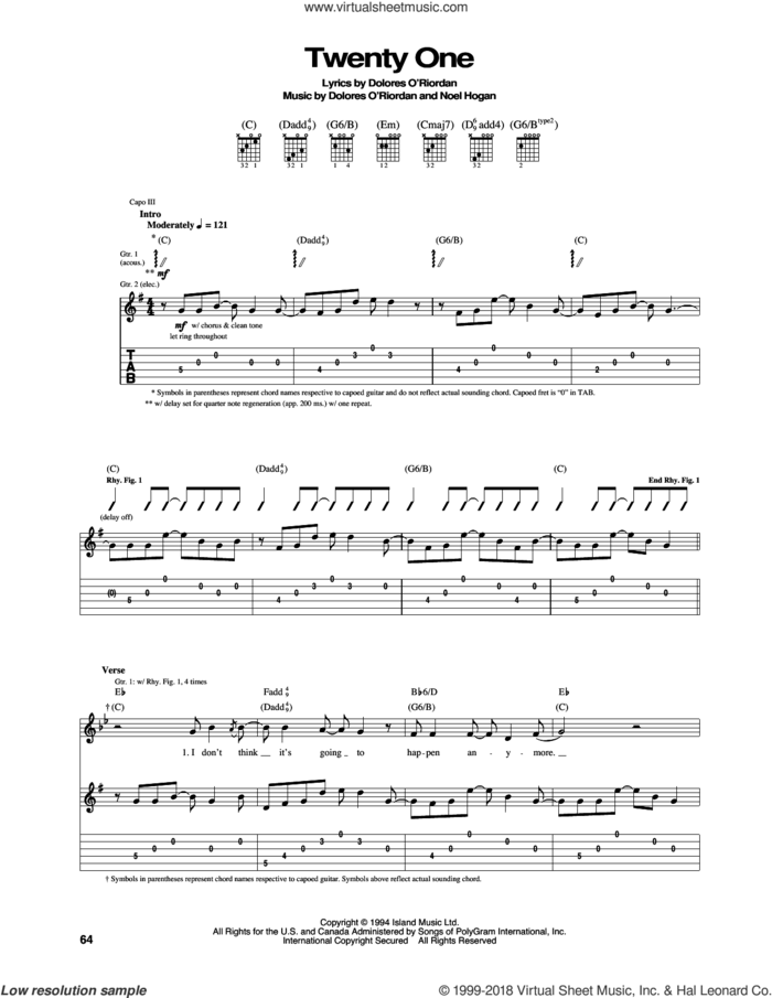 Twenty One sheet music for guitar (tablature) by The Cranberries and Noel Hogan, intermediate skill level
