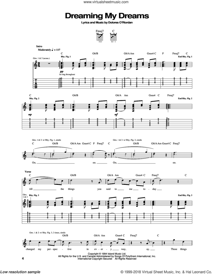 Dreaming My Dreams sheet music for guitar (tablature) by The Cranberries, intermediate skill level
