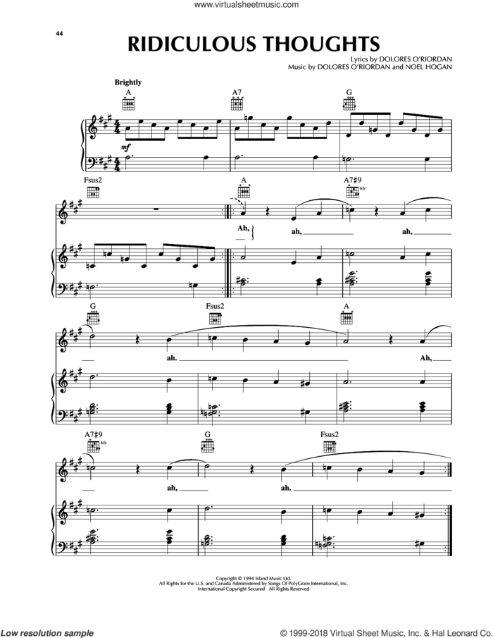 Ridiculous Thoughts sheet music for voice, piano or guitar by The Cranberries and Noel Hogan, intermediate skill level