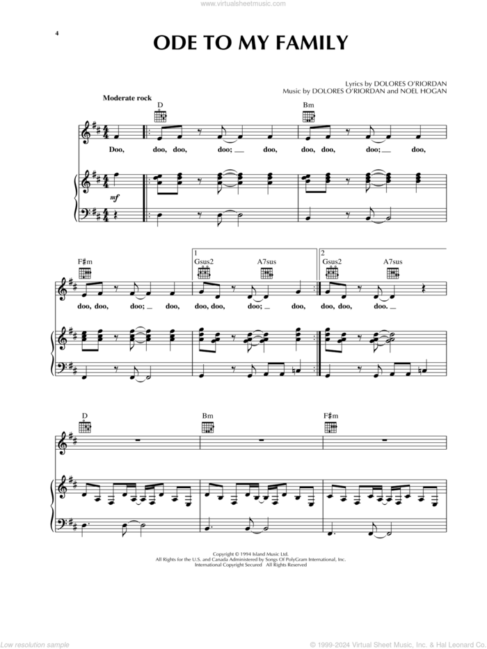 Ode To My Family sheet music for voice, piano or guitar by The Cranberries and Noel Hogan, intermediate skill level