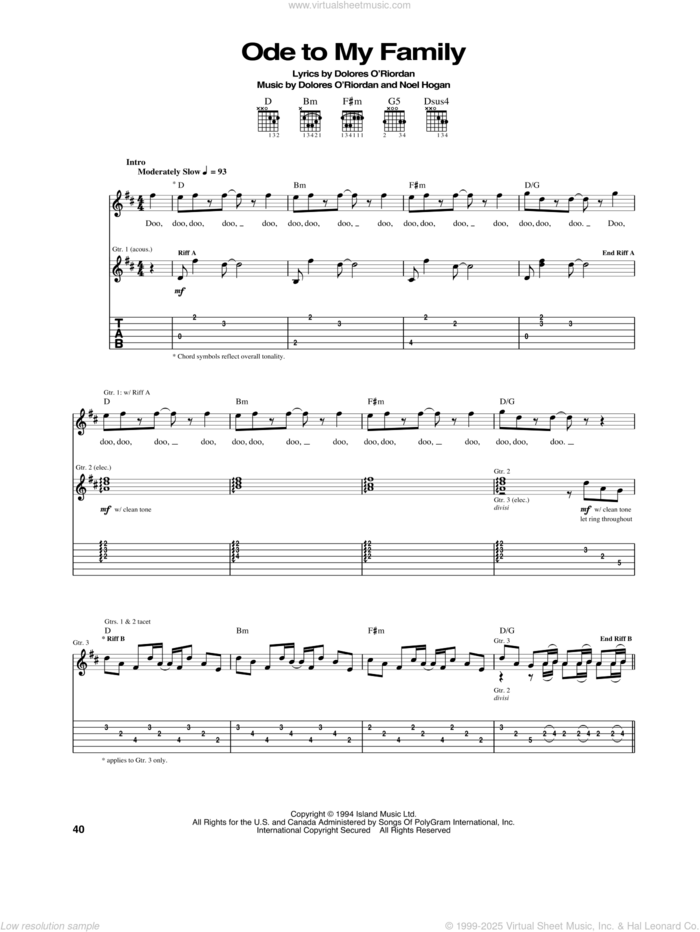 Ode To My Family sheet music for guitar (tablature) by The Cranberries and Noel Hogan, intermediate skill level