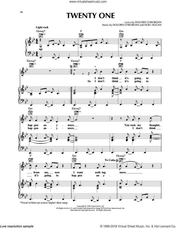 Twenty One sheet music for voice, piano or guitar by The Cranberries and Noel Hogan, intermediate skill level