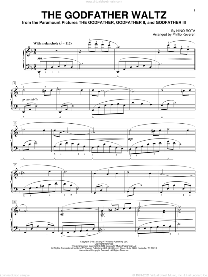 The Godfather Waltz (arr. Phillip Keveren) sheet music for piano solo by Nino Rota and Phillip Keveren, intermediate skill level