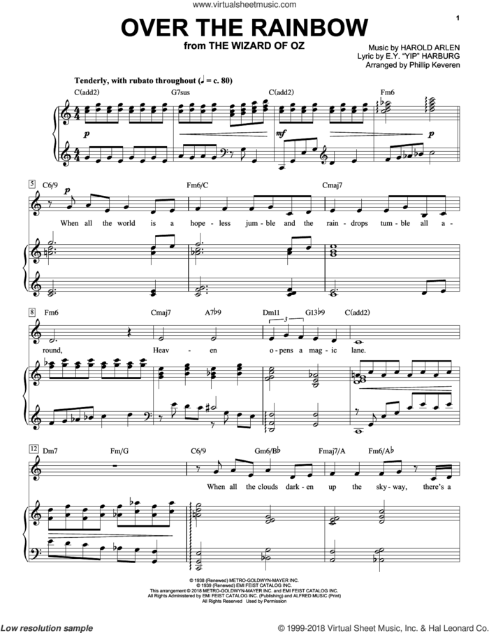 Over The Rainbow (arr. Phillip Keveren) sheet music for voice and piano by Harold Arlen, Phillip Keveren and E.Y. Harburg, intermediate skill level