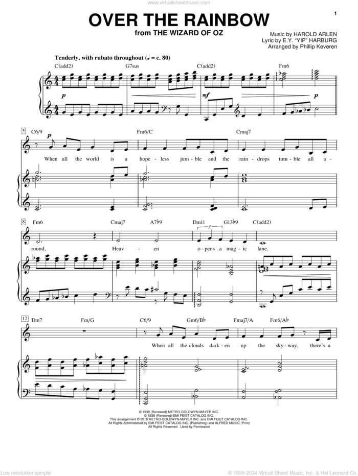 Over The Rainbow (arr. Phillip Keveren) sheet music for voice and piano by Harold Arlen, Phillip Keveren and E.Y. Harburg, intermediate skill level