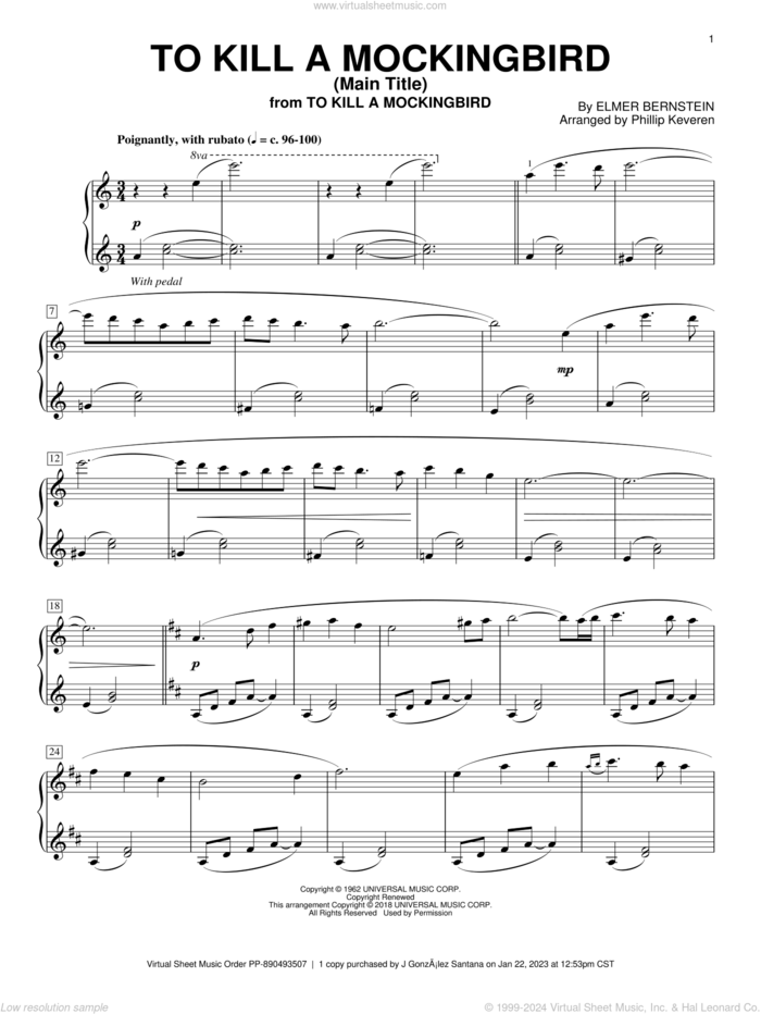 To Kill A Mockingbird - Main Title (arr. Phillip Keveren) sheet music for piano solo by Elmer Bernstein and Phillip Keveren, intermediate skill level