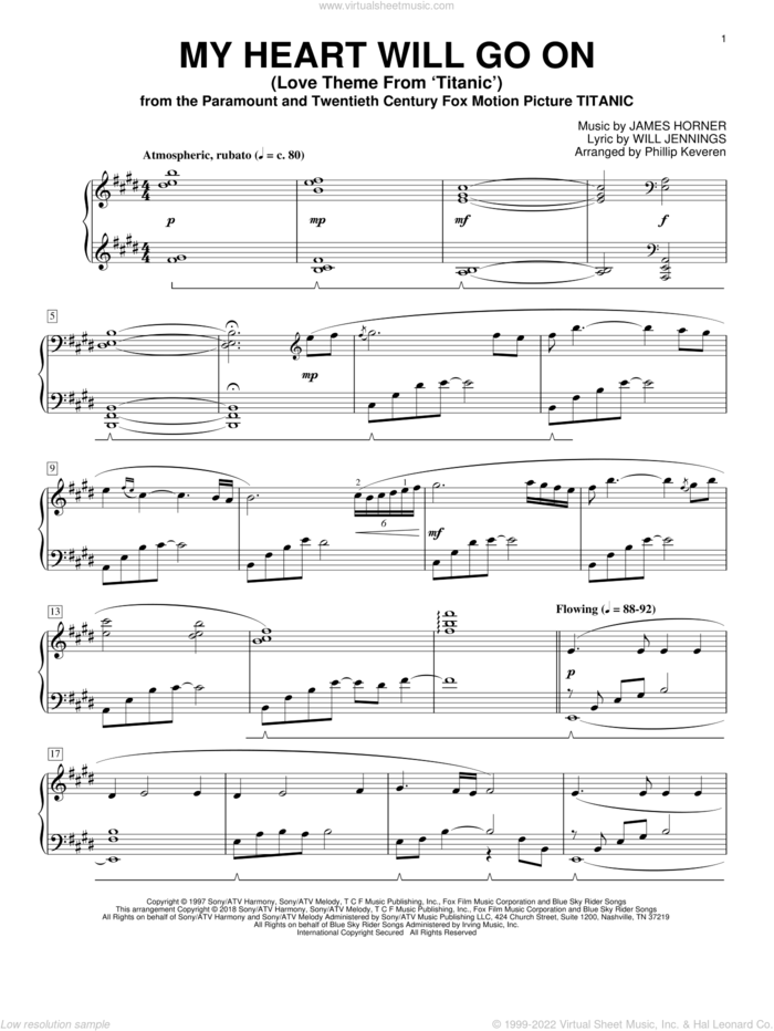 My Heart Will Go On (Love Theme From Titanic) (arr. Phillip Keveren) sheet music for piano solo by Will Jennings, Phillip Keveren, Celine Dion and James Horner, wedding score, intermediate skill level