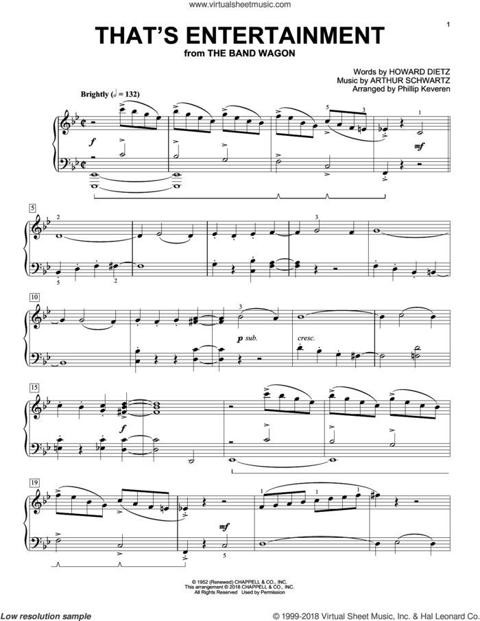 That's Entertainment (arr. Phillip Keveren) sheet music for piano solo by Arthur Schwartz, Phillip Keveren and Howard Dietz, intermediate skill level