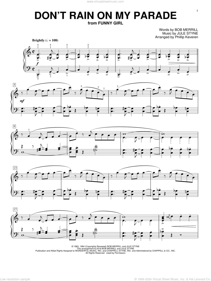 Don't Rain On My Parade (arr. Phillip Keveren) sheet music for piano solo by Jule Styne, Phillip Keveren and Bob Merrill, intermediate skill level