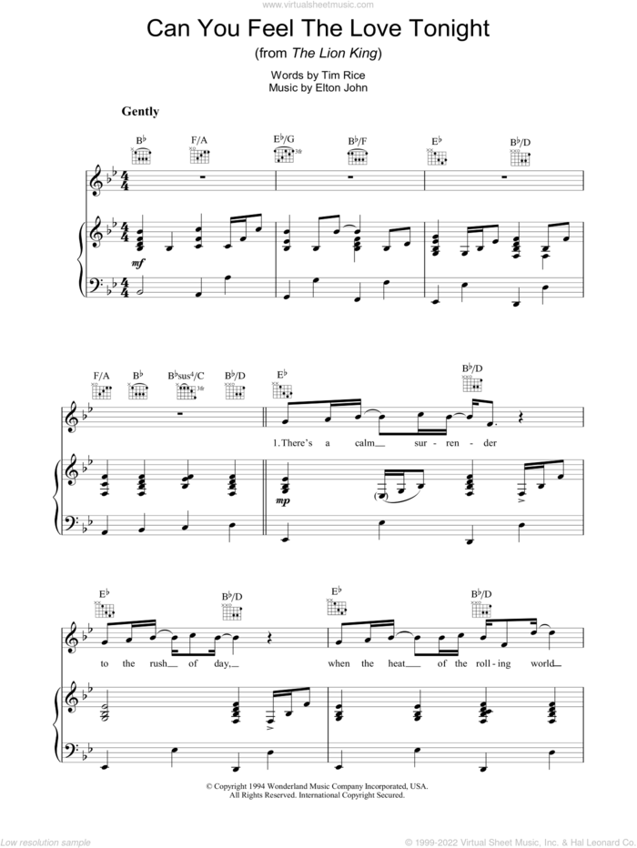 Can You Feel The Love Tonight (from The Lion King) sheet music for voice, piano or guitar by Elton John, The Lion King and Tim Rice, wedding score, intermediate skill level