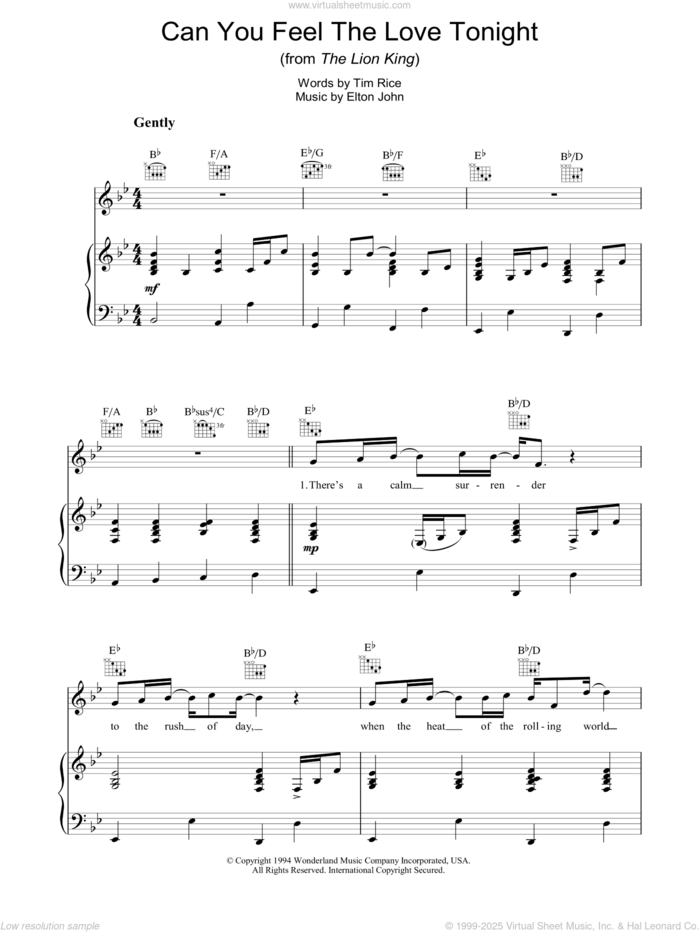 Can You Feel The Love Tonight (from The Lion King) sheet music for voice, piano or guitar by Elton John, The Lion King and Tim Rice, wedding score, intermediate skill level