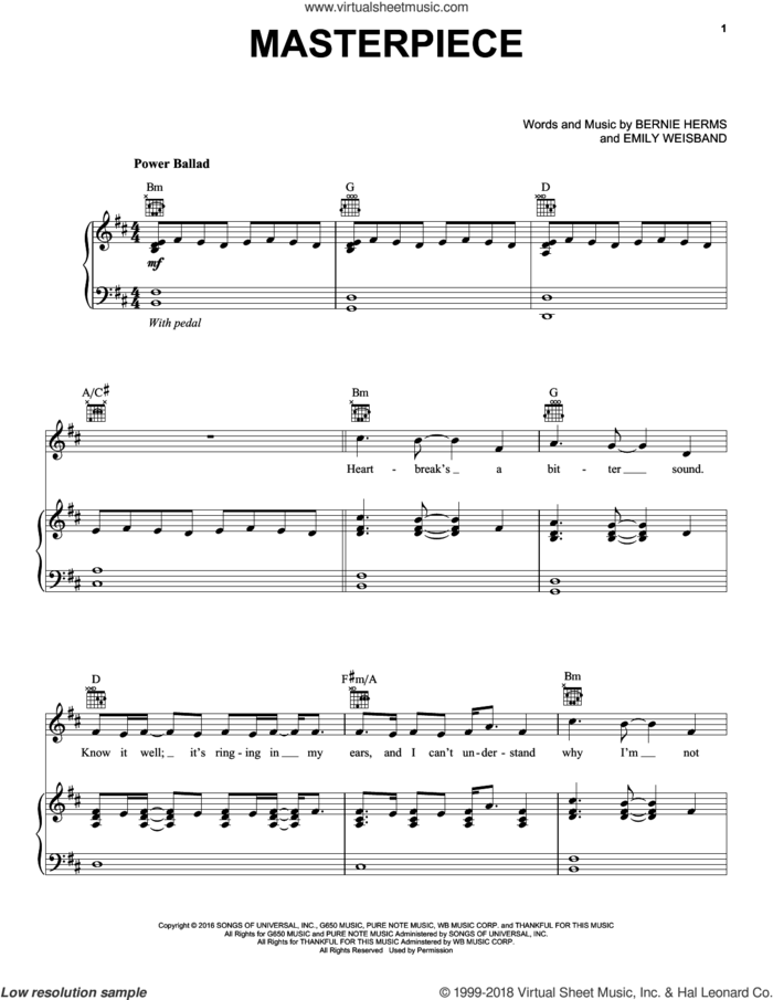 Masterpiece sheet music for voice, piano or guitar by Danny Gokey, Bernie Herms and Emily Weisband, intermediate skill level