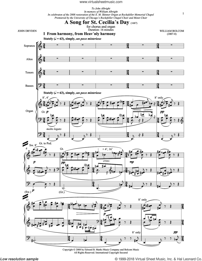 A Song For St. Cecilia's Day sheet music for choir (SATB: soprano, alto, tenor, bass) by William Bolcom and John Dryden, intermediate skill level