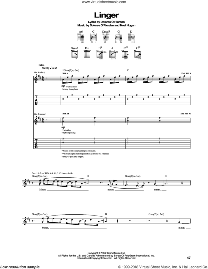 Linger sheet music for guitar (tablature) by The Cranberries and Noel Hogan, intermediate skill level