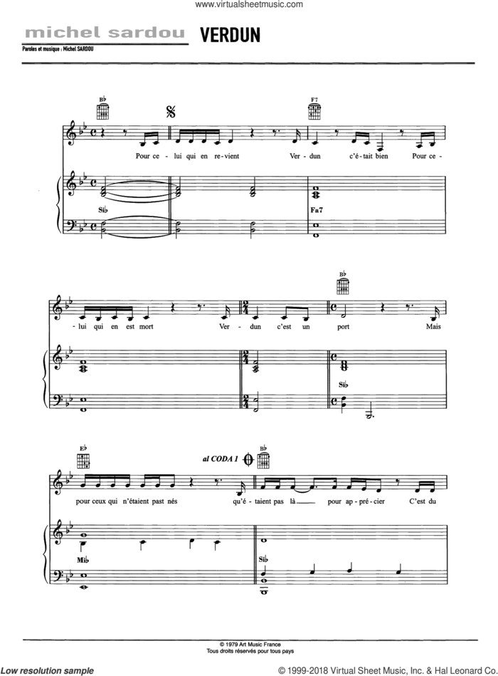 Verdun sheet music for voice, piano or guitar by Michel Sardou, intermediate skill level