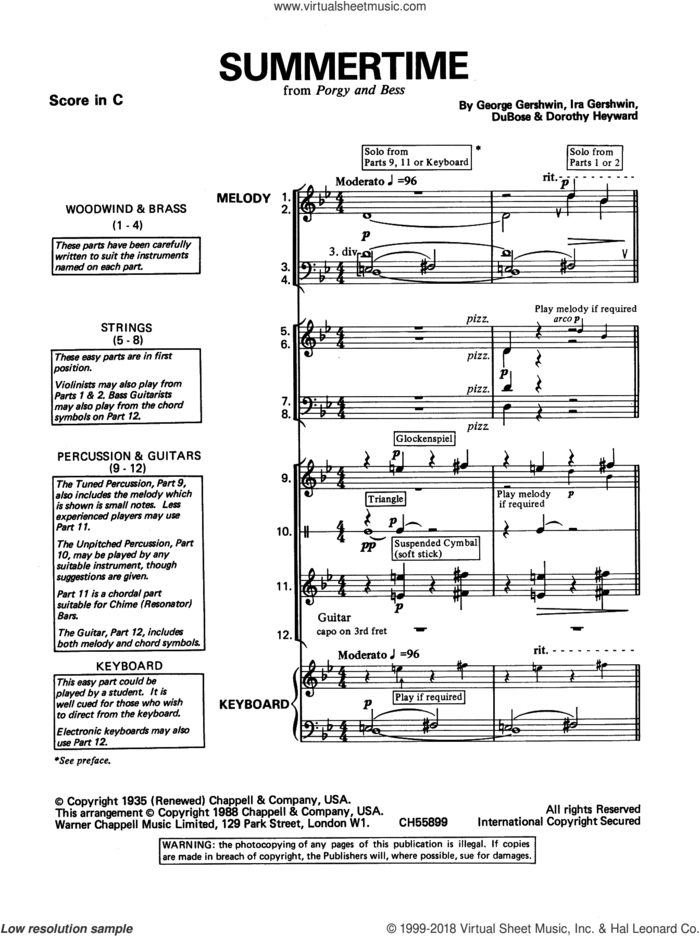 Summertime sheet music for band (classroom band pack) by George Gershwin, intermediate skill level