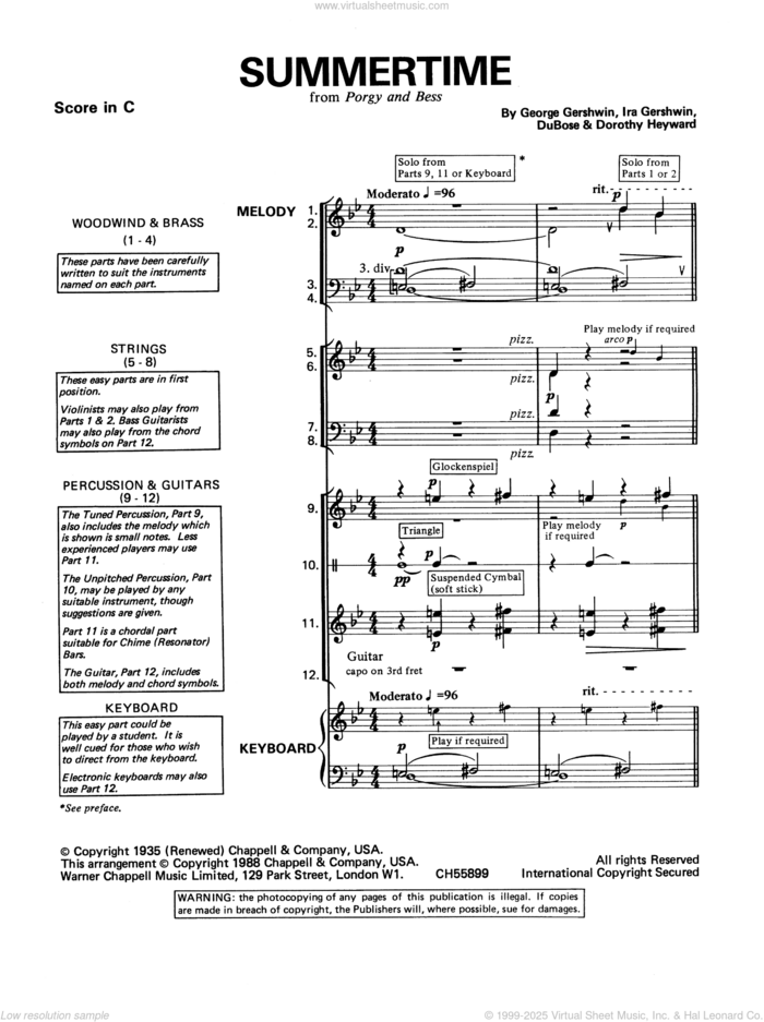 Summertime sheet music for band (classroom band pack) by George Gershwin, intermediate skill level