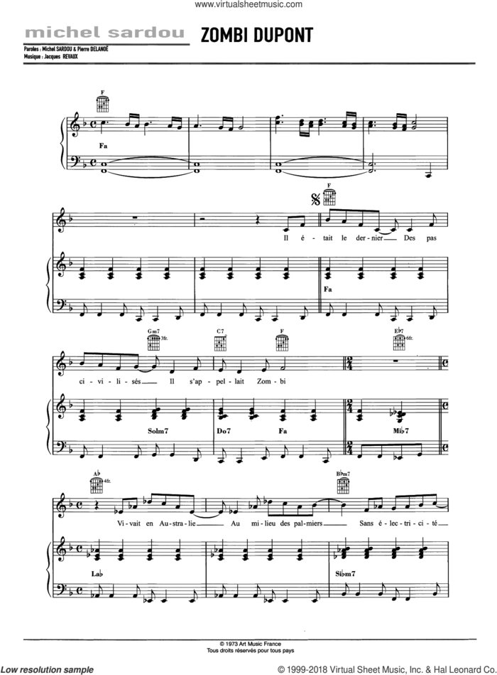 Zombie Dupont sheet music for voice, piano or guitar by Michel Sardou and Jacques Revaux, intermediate skill level