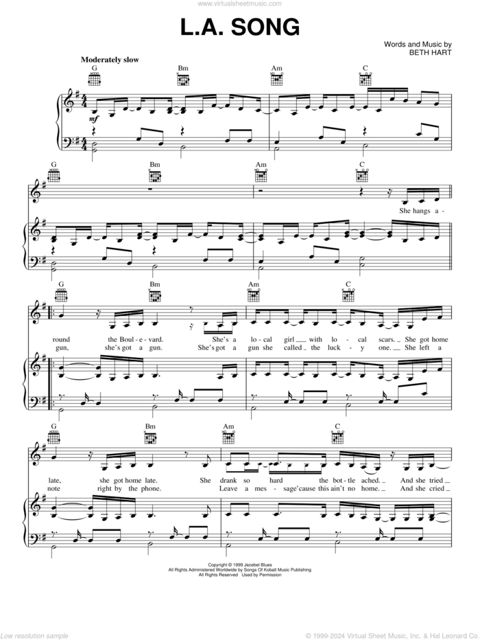 L.A. Song sheet music for voice, piano or guitar by Beth Hart, intermediate skill level