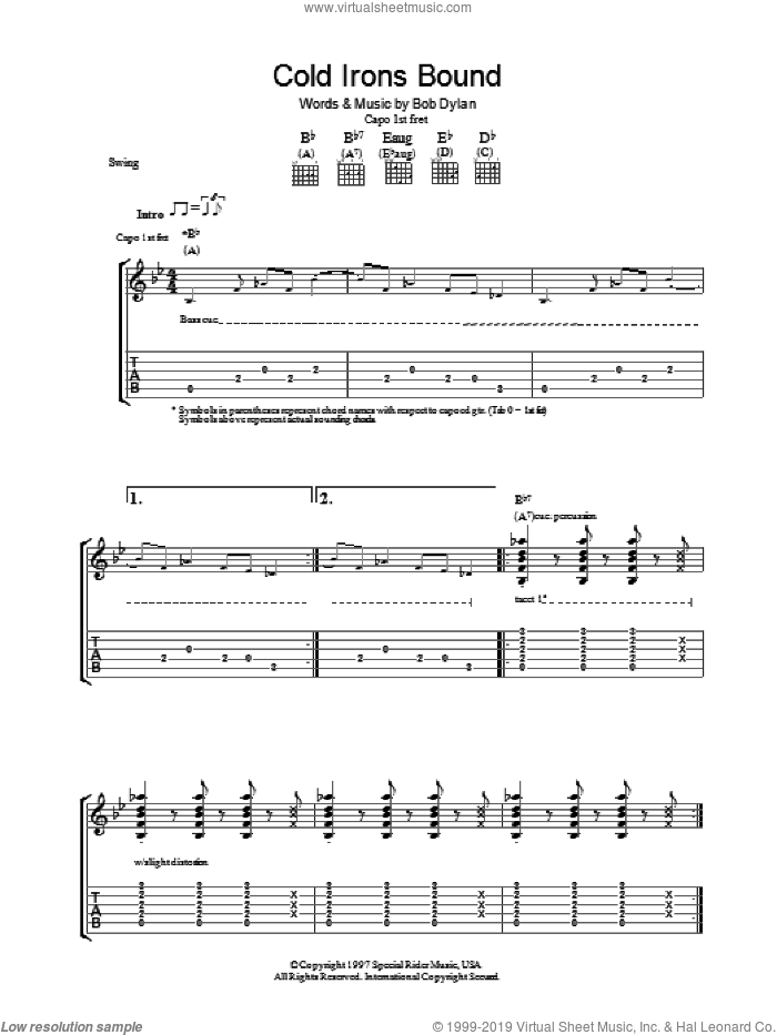 Cold Irons Bound sheet music for guitar (tablature) by Bob Dylan, intermediate skill level