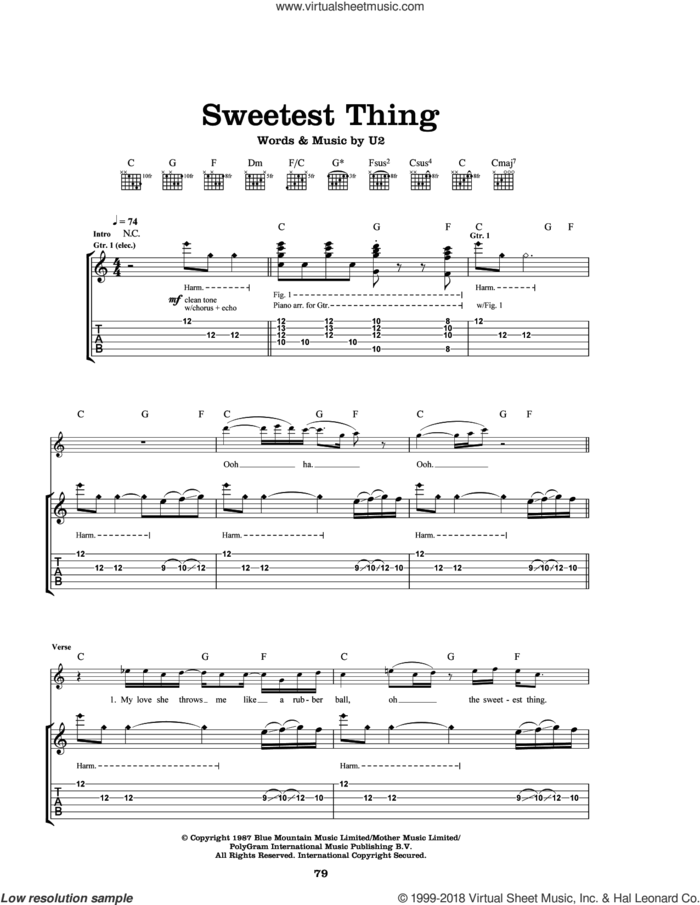 Sweetest Thing sheet music for guitar (tablature) by U2, Bono and The Edge, intermediate skill level