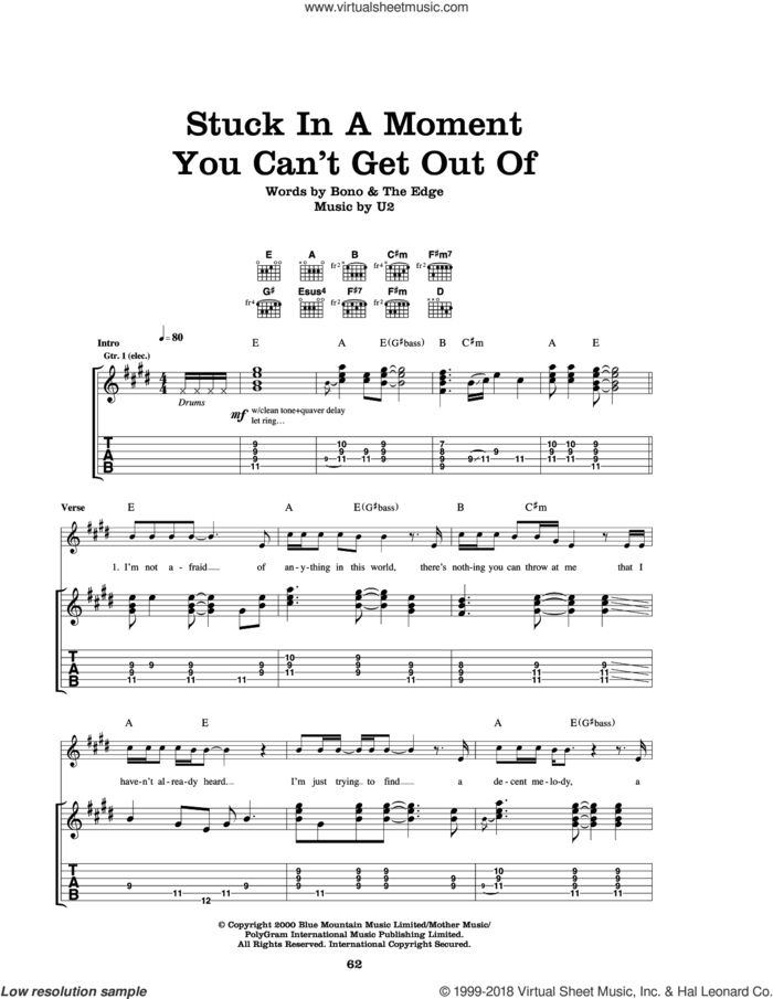 Stuck In A Moment You Can't Get Out Of sheet music for guitar (tablature) by U2, Bono and The Edge, intermediate skill level