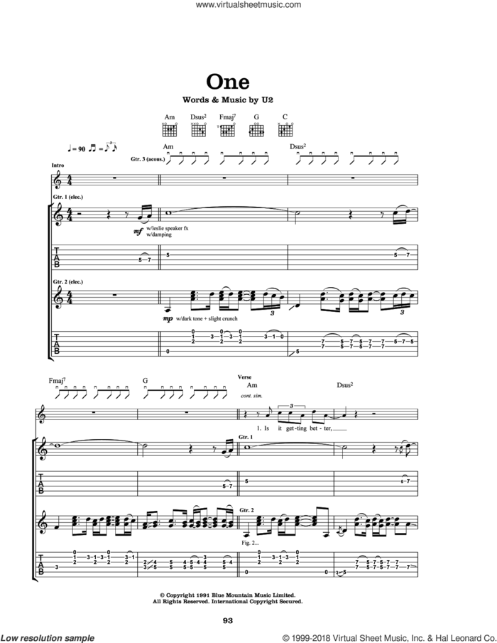 One sheet music for guitar (tablature) by U2, Bono and The Edge, intermediate skill level