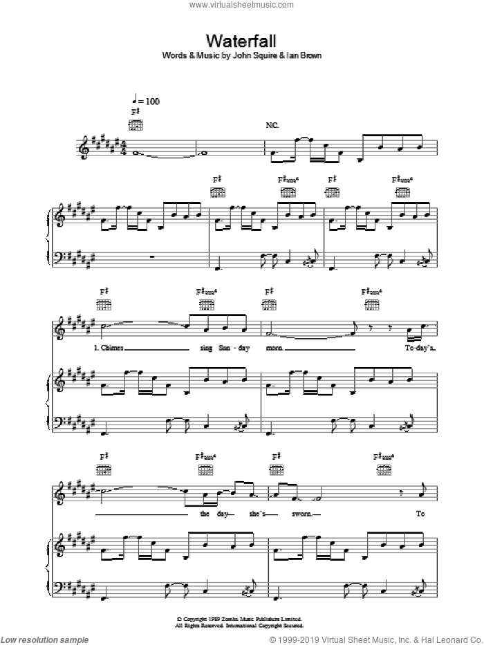 Waterfall sheet music for voice, piano or guitar by The Stone Roses, Ian Brown and John Squire, intermediate skill level