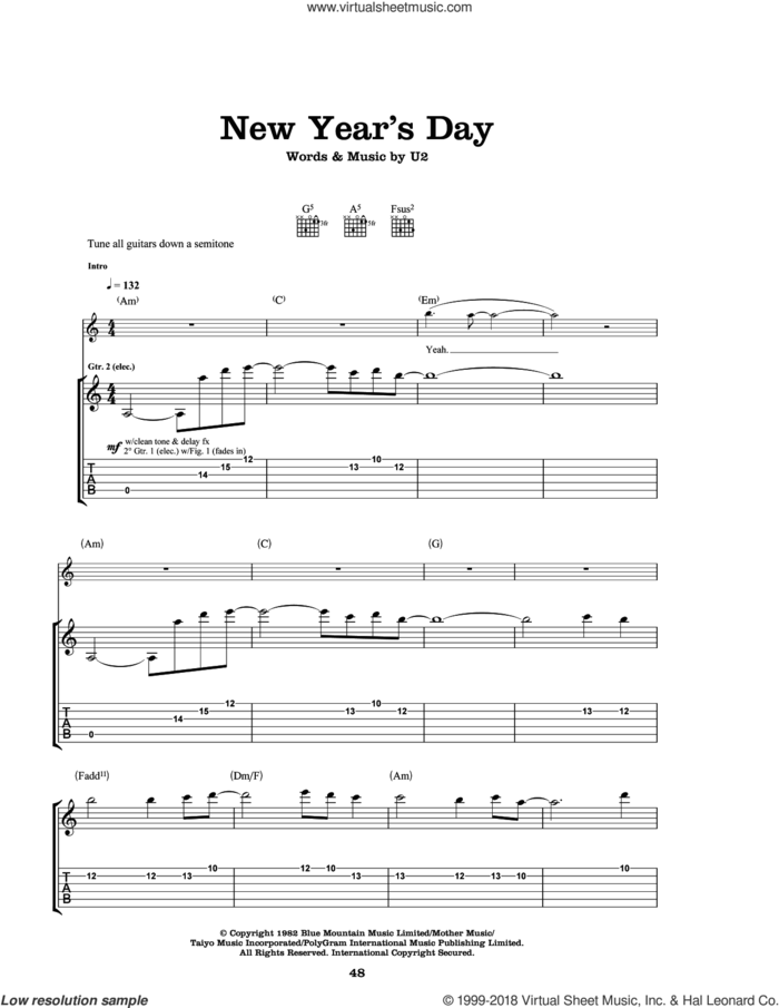 New Year's Day sheet music for guitar (tablature) by U2, intermediate skill level