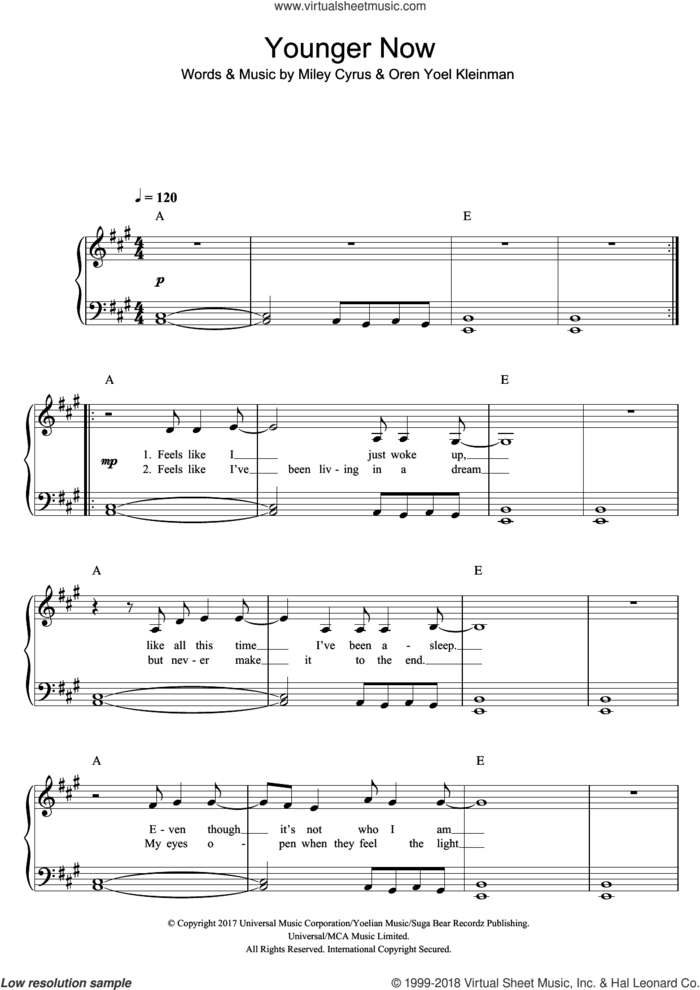 Younger Now sheet music for piano solo by Miley Cyrus and Oren Yoel Kleinman, easy skill level