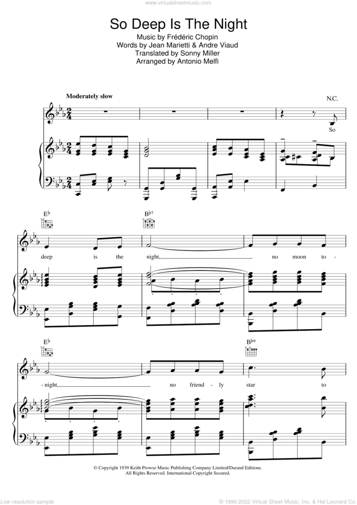 So Deep Is The Night sheet music for voice, piano or guitar by Yvette Darnac and Frederic Chopin, classical score, intermediate skill level