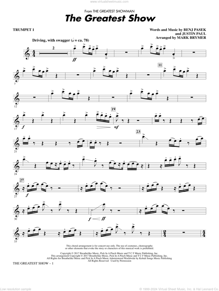 The Greatest Show (arr. Mark Brymer) sheet music for orchestra/band (trumpet 1) by Mark Brymer, Pasek & Paul, Benj Pasek, Justin Paul and Ryan Lewis, intermediate skill level