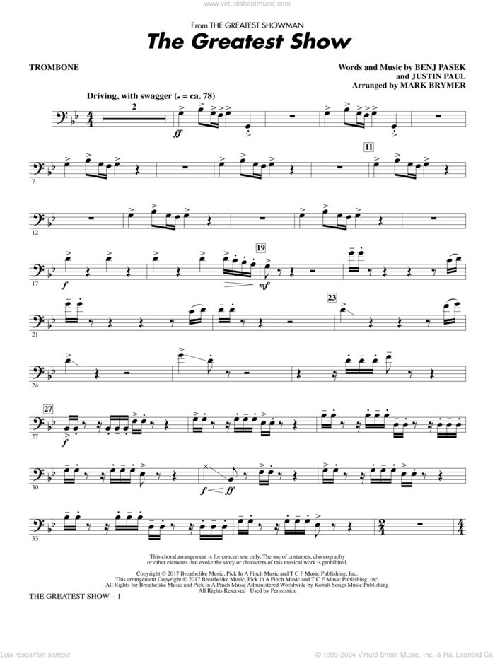 The Greatest Show (arr. Mark Brymer) sheet music for orchestra/band (trombone) by Benj Pasek, Mark Brymer, Pasek & Paul, Justin Paul and Ryan Lewis, intermediate skill level