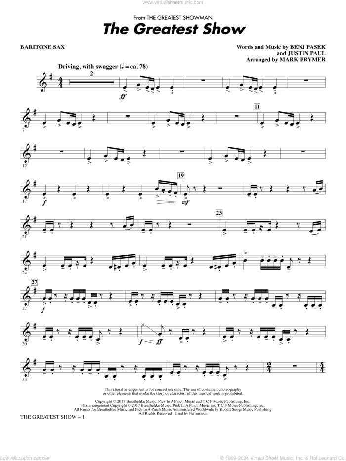 The Greatest Show (arr. Mark Brymer) sheet music for orchestra/band (baritone sax) by Mark Brymer, Pasek & Paul, Benj Pasek, Justin Paul and Ryan Lewis, intermediate skill level