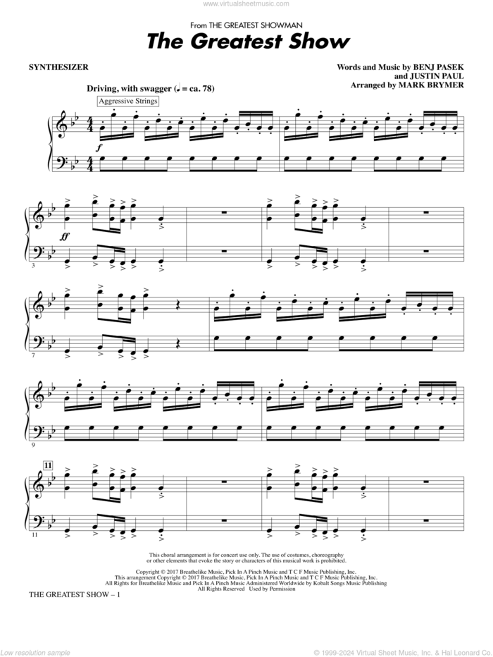 The Greatest Show (arr. Mark Brymer) sheet music for orchestra/band (synthesizer) by Mark Brymer, Pasek & Paul, Benj Pasek, Justin Paul and Ryan Lewis, intermediate skill level