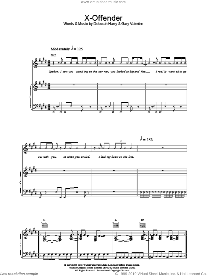 X-Offender sheet music for voice, piano or guitar by Blondie, Deborah Harry and Gary Valentine, intermediate skill level